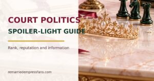 Letters, scales, crown and chess pieces for a spoiler-light court politics guide.