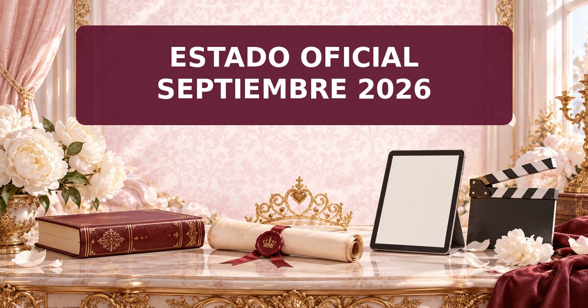 The Remarried Empress en 2026: estado oficial de WEBTOON, tomos y serie 1 Libros, pergamino, tableta y claqueta originales con el texto Estado oficial septiembre 2026